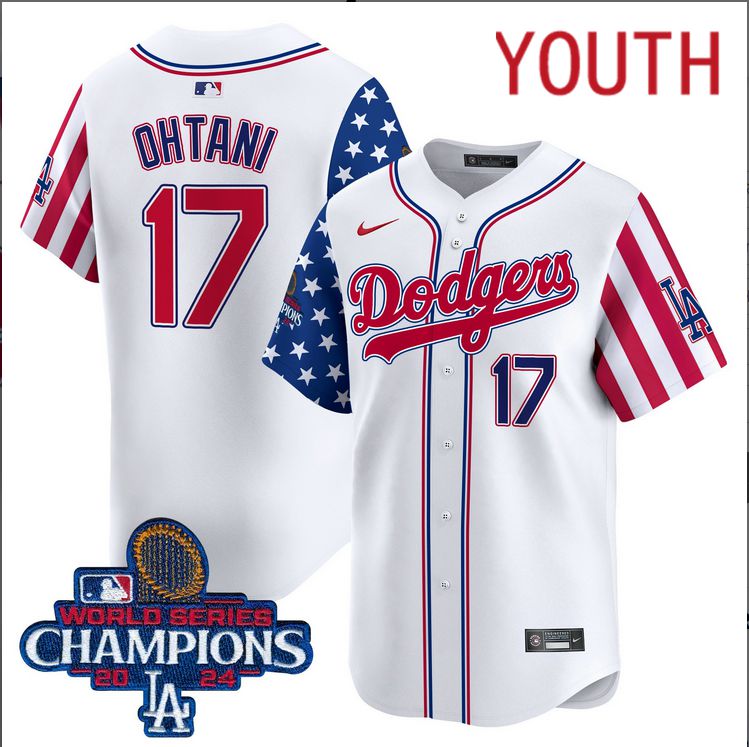 Youth MLB Los Angeles Dodgers #17 Ohtani American Style white 2024 World Series Champions  Limited Jersey->youth mlb jersey->Youth Jersey